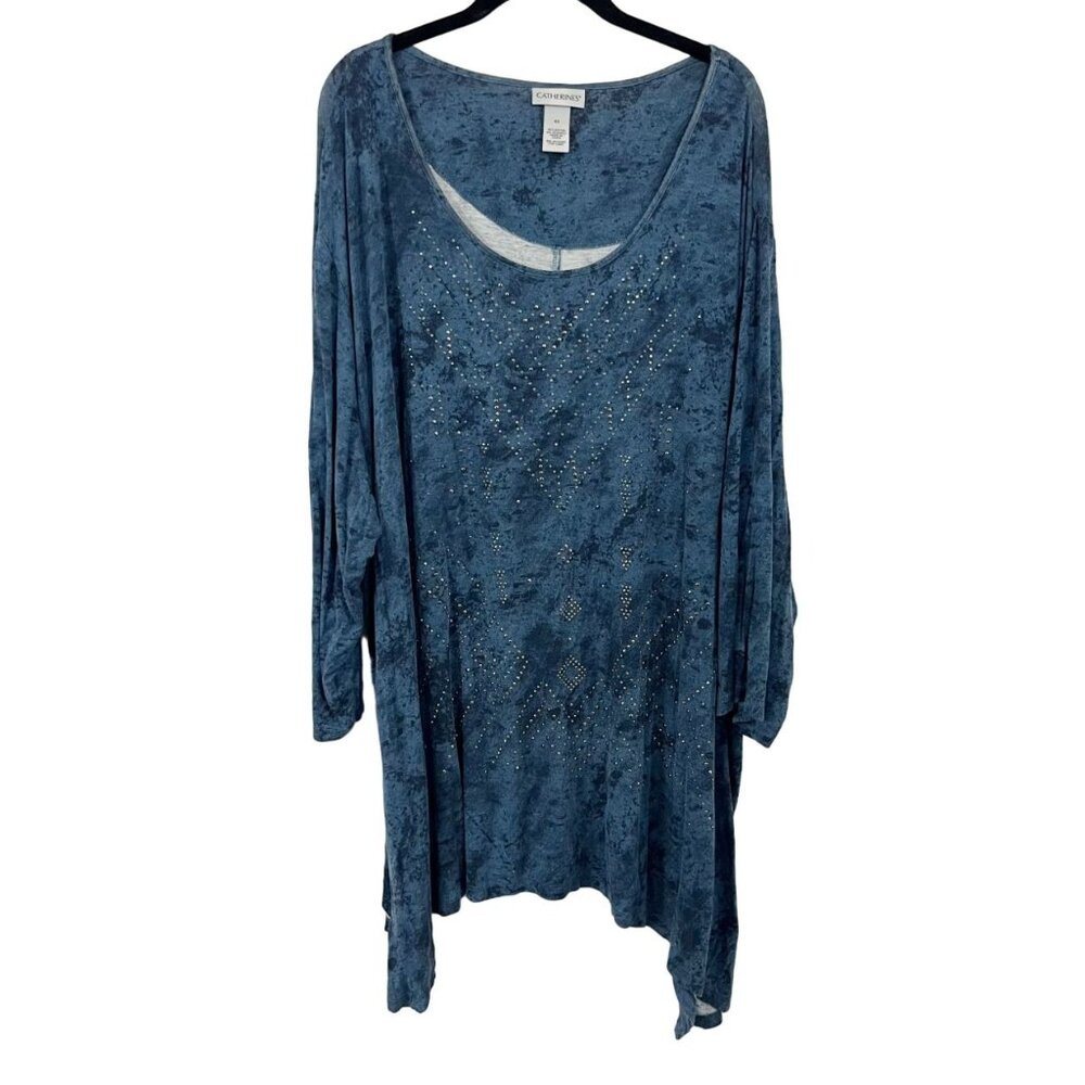 Catherines Blue Abstract Print Studded Asymmetrical Hem Tunic Jersey Knit‎ - 4X